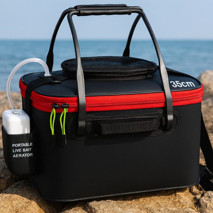 Foldable 4 gallon EVA live bait bucket with mesh lid and portable aerator on a rocky shoreline