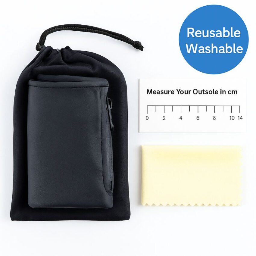 Folded waterproof shoe covers packed in a pouch with a measuring card and cleaning cloth.