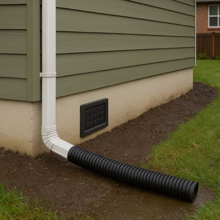 Foundation perimeter showing downspout extensions and sloped grade for drainage