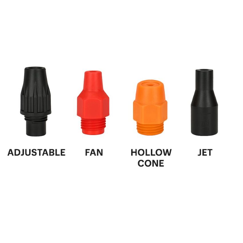 Four included Solo backpack sprayer nozzles labeled adjustable, fan, hollow cone, and jet