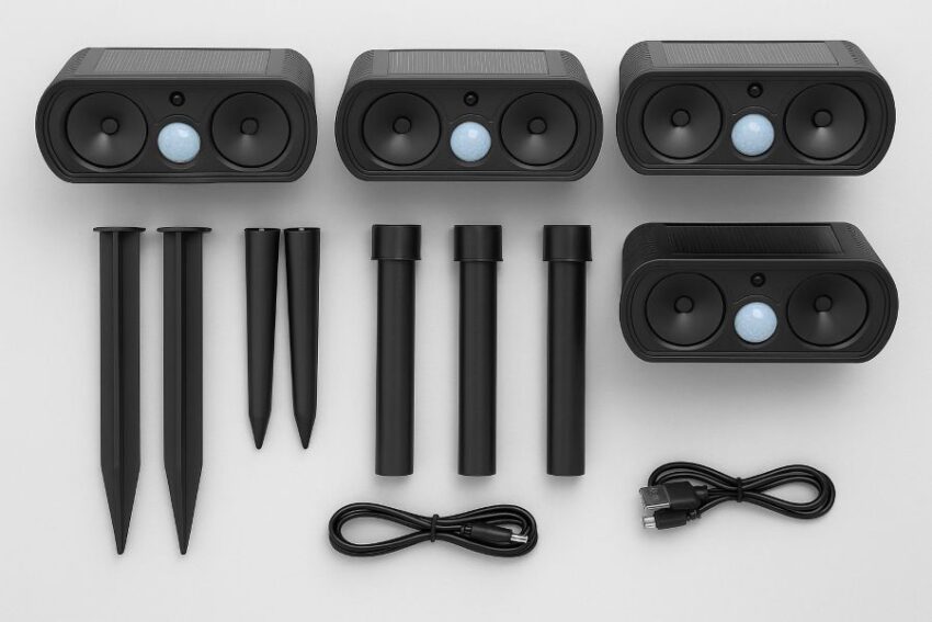 Four-pack ultrasonic animal repeller kit with ground spikes and USB charging cable