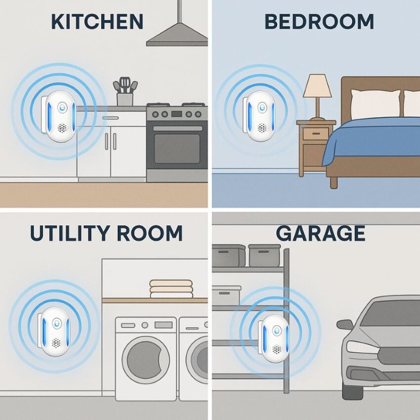 Four-panel placement guide showing proper ultrasonic repeller positioning in different rooms.