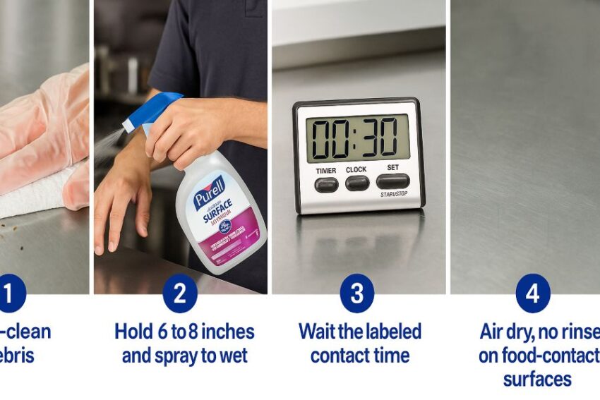 Four-step guide to sanitizing food-contact surfaces with PURELL Foodservice Spray.