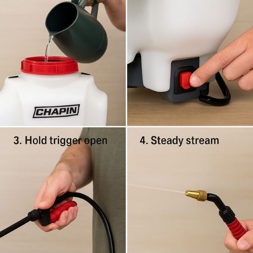Four-step priming sequence for the Chapin 63924 from fill to steady stream