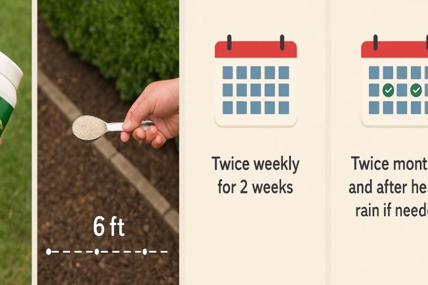 Four-step sequence showing reading the label, tablespoon placements every six feet, start-up schedule, and maintenance touches.”