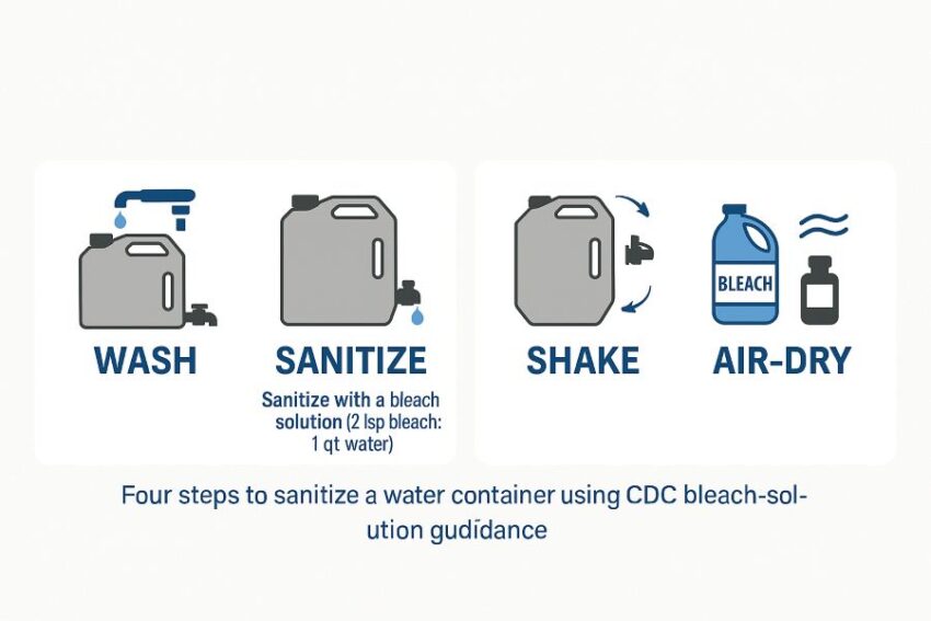 Four steps to sanitize a water container, using CDC bleach-solution guidance