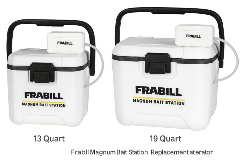 Frabill Magnum Bait Station 13-quart and 19-quart models shown with the same replacement aerator.