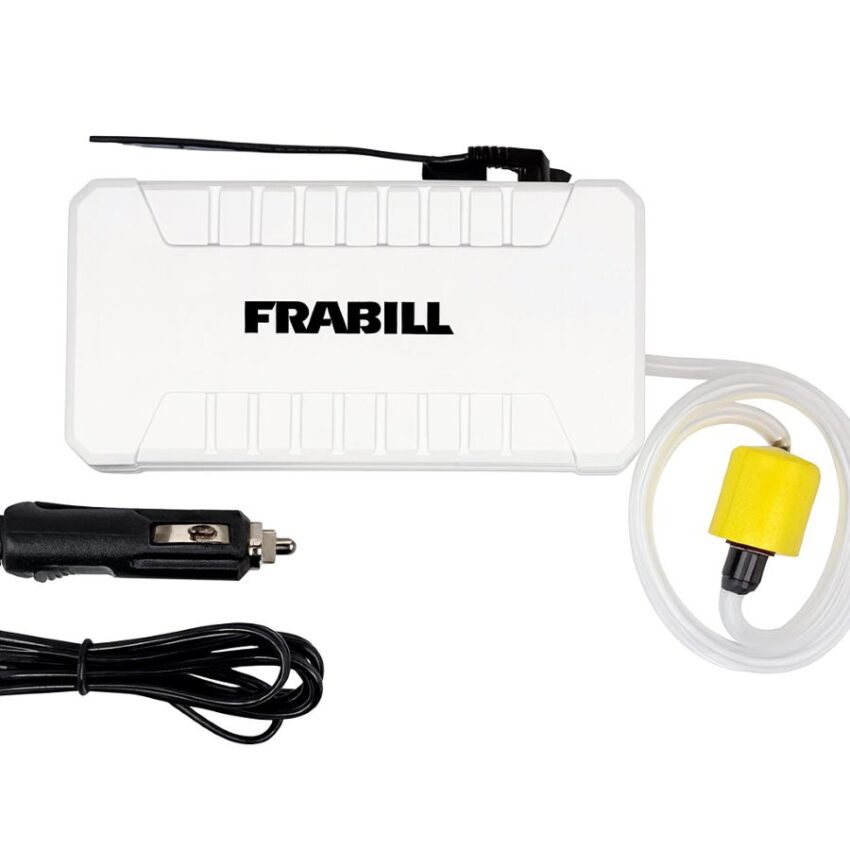 Frabill Magnum Bait Station Replacement Aerator on white background with air hose, air stone, and 12-volt adapter