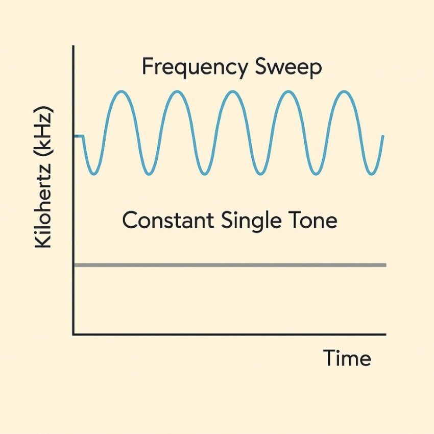 Frequency sweep chart for a repeller that varies pitch over time compared to a constant single tone.