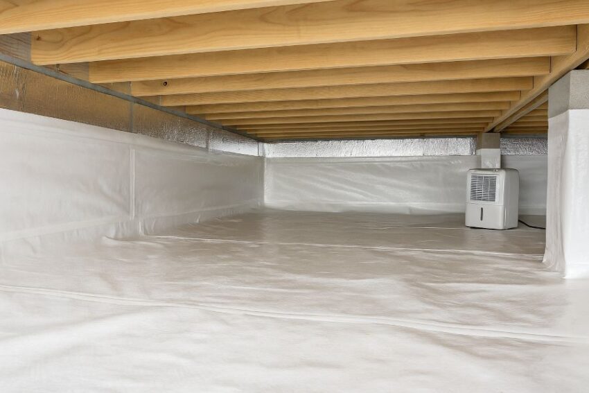 Full encapsulated crawl space with taped seams, insulated rim, and dehumidifier.