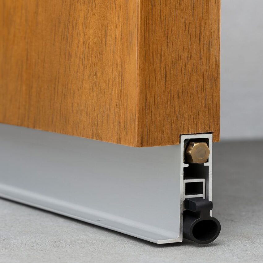 Fully mortised automatic door bottom with hinge-side brass adjuster and neoprene bulb sealing against a threshold