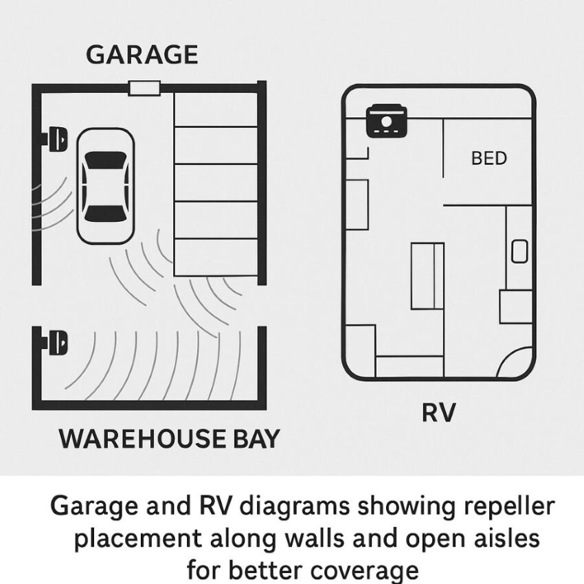 Garage and RV diagrams showing repeller placement along walls and open aisles for better coverage.