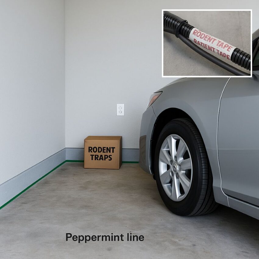 Garage scene with rodent traps and capsaicin rodent tape on a wire loom, plus peppermint line near parking spot.