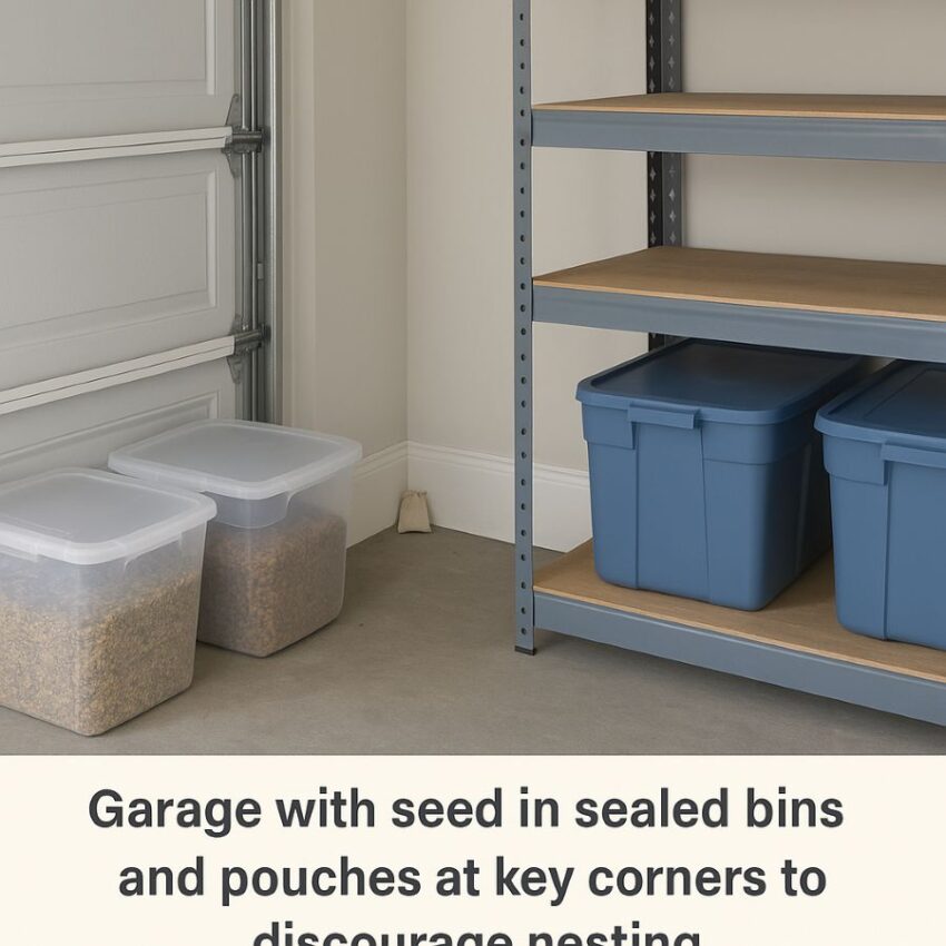 Garage with seed in sealed bins and pouches at key corners to discourage nesting