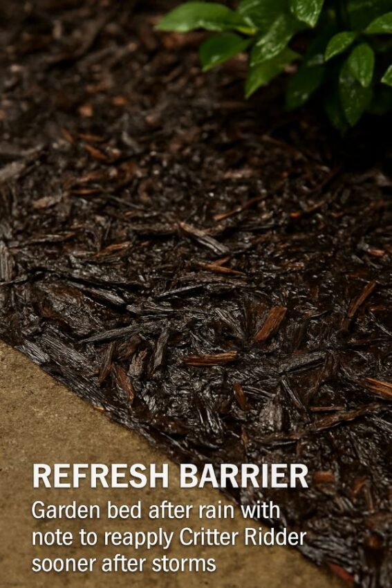 Garden bed after rain with note to reapply Critter Ridder sooner after storms.