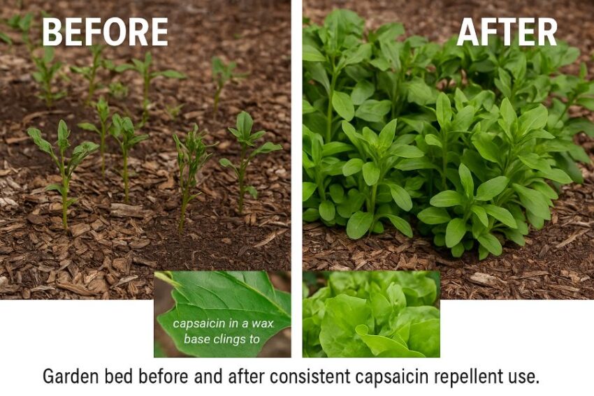 Garden bed before and after consistent capsaicin repellent use.