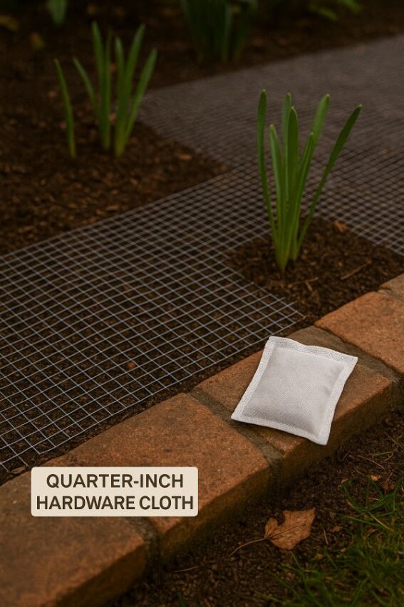 Garden bed with quarter-inch hardware cloth over bulbs and a scent pouch along the edge