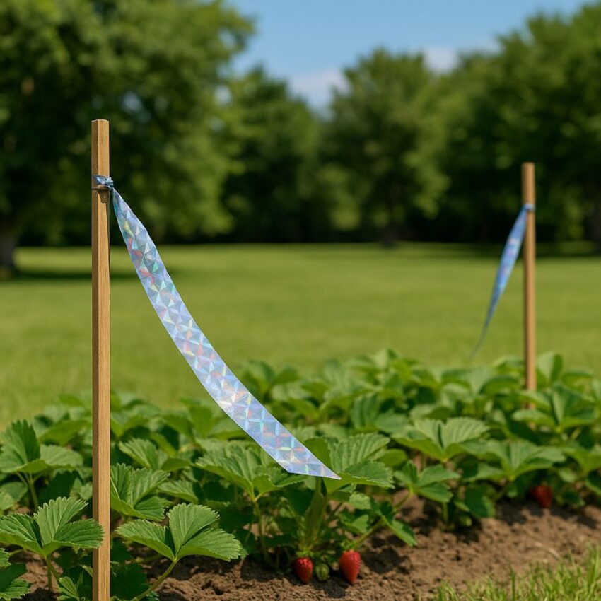 Garden bed with 3 to 4 foot stakes spaced 10 to 20 feet apart, each with reflective tape