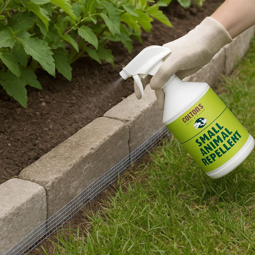 Garden edge with hardware cloth and a light scent band applied as part of layered IPM