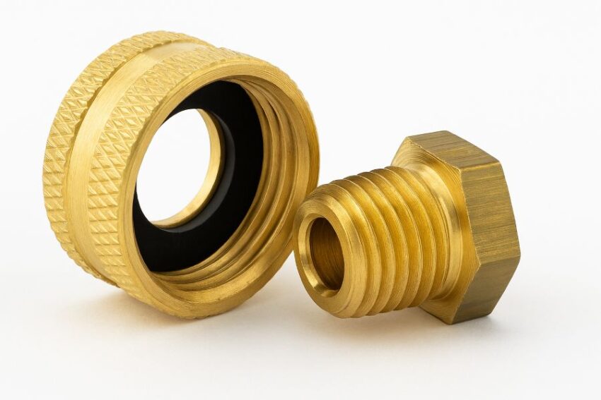 Garden hose thread connector with rubber washer next to a tapered NPT fitting
