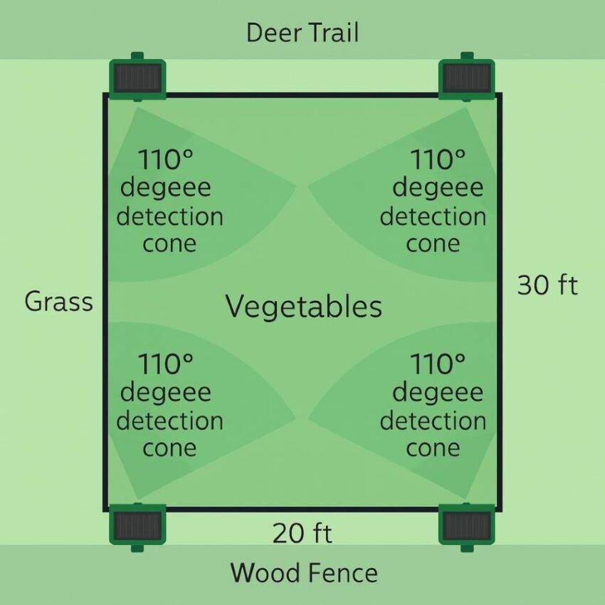 Garden layout map showing four solar repellers at the corners with overlapping 110-degree detection cones aimed across likely animal paths