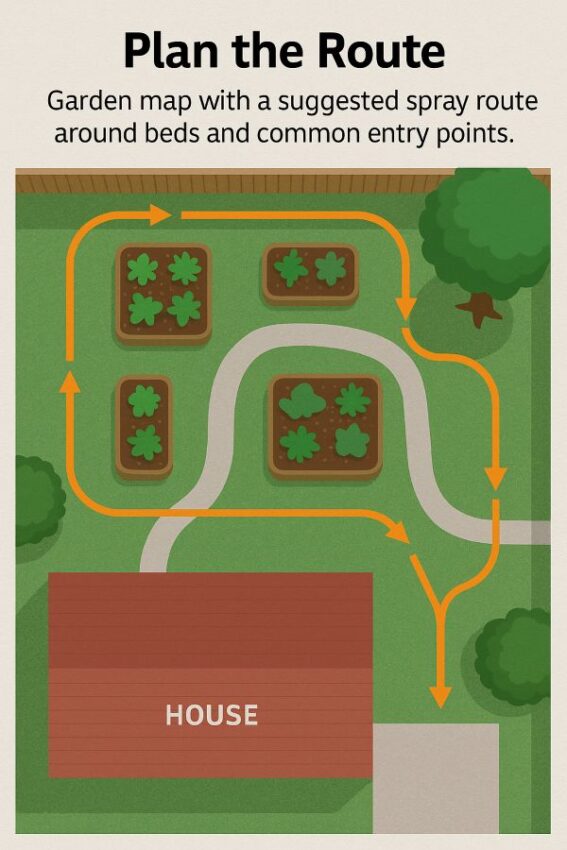Garden map with a suggested spray route around beds and common entry points