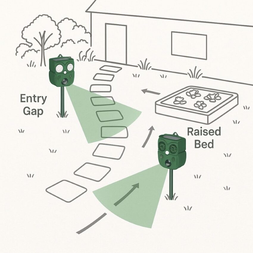 Garden placement map marking entry gaps and a raised bed, with two detection cones covering likely animal routes