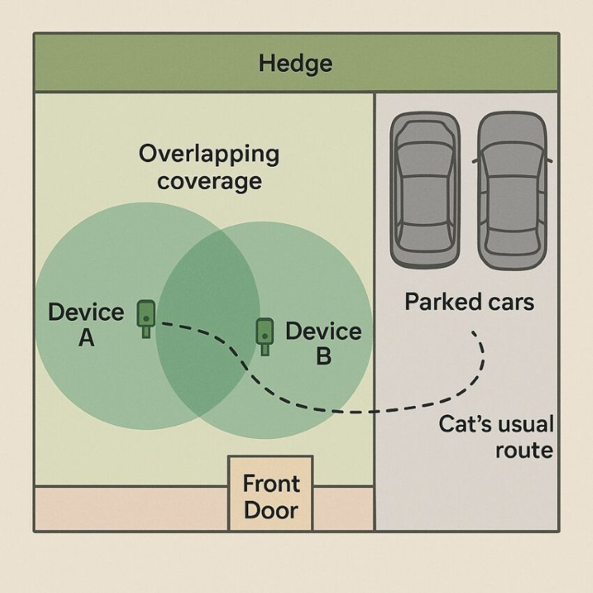 Garden plan with two repellers showing overlapping ultrasonic coverage along a cat’s usual route