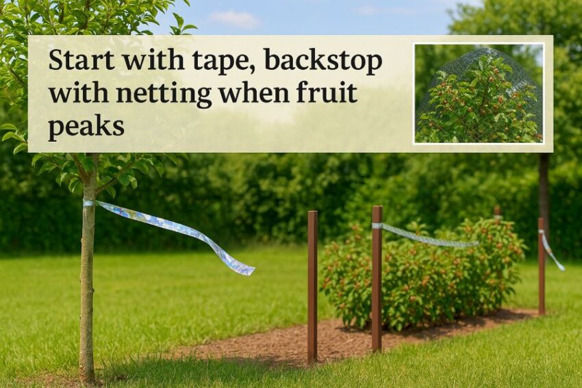 Garden using reflective tape with netting added to the highest value tree at harvest.