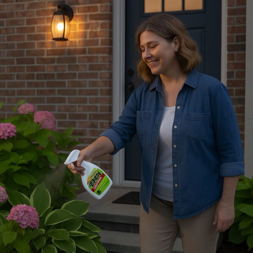 Gardener applying mint scented repellent near a patio