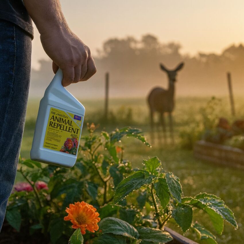 Gardener holding Bonide Hot Pepper Wax Animal Repellent by a vegetable bed at sunrise.