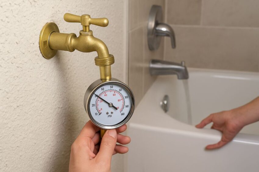 Gauge pressure dropping while a tub spout runs for a dynamic test.