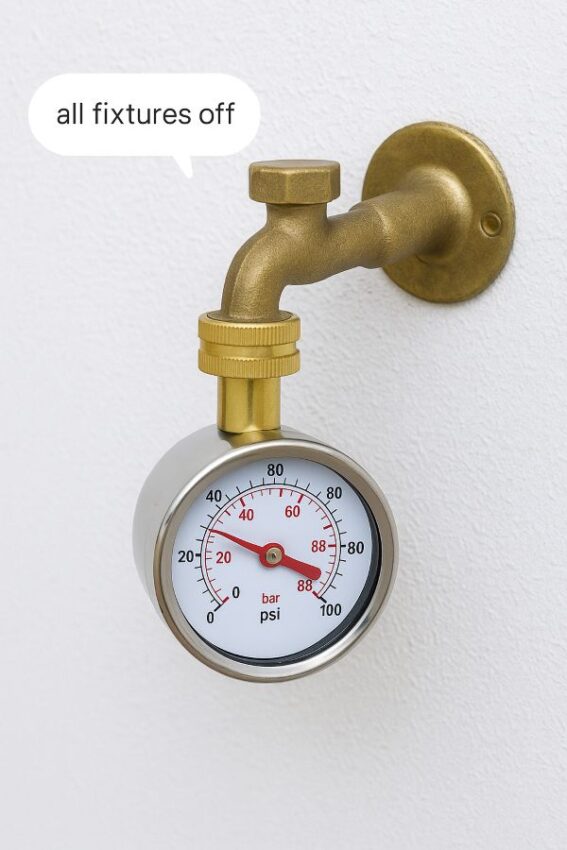 Gauge showing a static reading around 58 psi with all taps off.