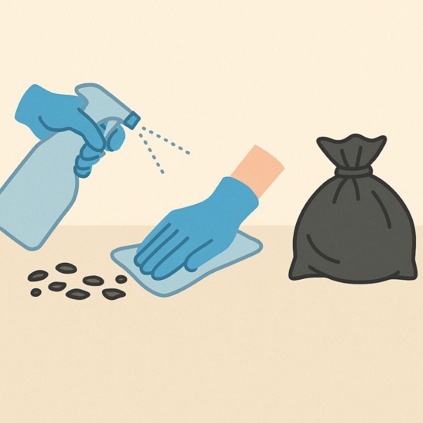 Gloved hands spraying and wiping rodent droppings with disinfectant before bagging the waste.