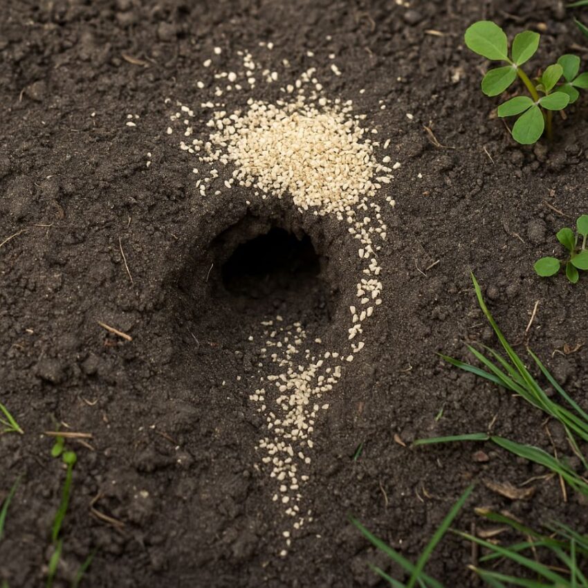 Granules being placed directly into a rodent burrow before closing.