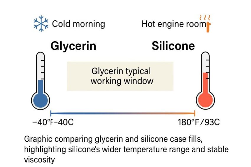 Graphic comparing glycerin and silicone case fills, highlighting silicone’s wider temperature range and stable viscosity.