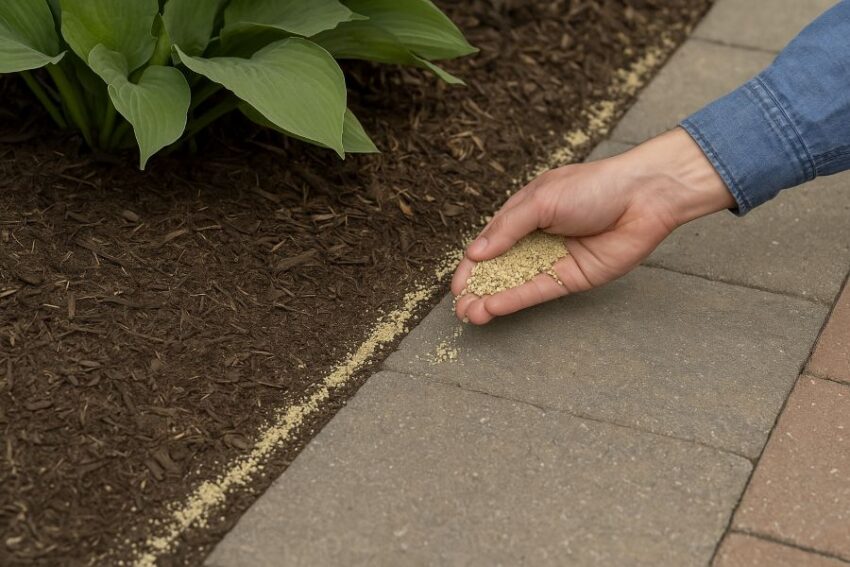 Hand applying a light, even ribbon of granules along a garden bed