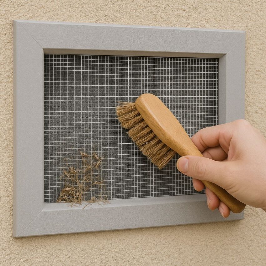 Hand brush cleaning debris from installed stainless vent screen to maintain airflow