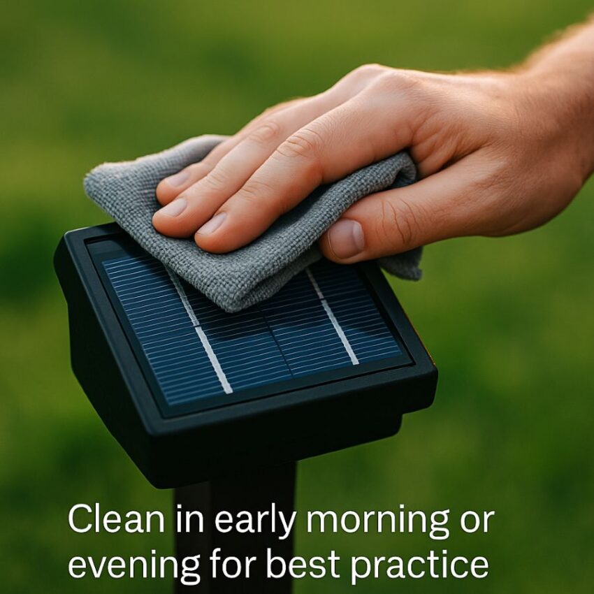 Hand cleaning a small solar panel on a predator light with a soft cloth.