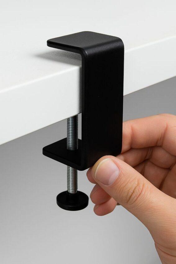 Hand installing a C-clamp on a horizontal desk edge before inserting lamp arm