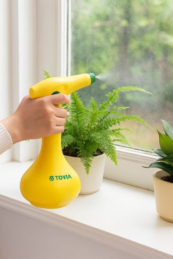 Hand misting indoor fern with yellow T TOVIA 1-liter electric plant mister showing power button and copper tip.