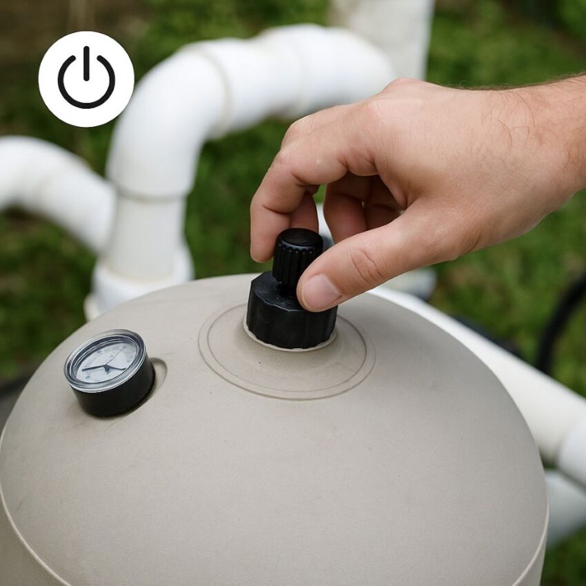 Hand opening the manual air-relief on a pool filter with the pump switched off.