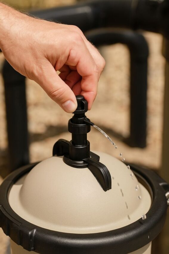 Hand opening the manual air-relief valve on a pool filter to bleed air before service