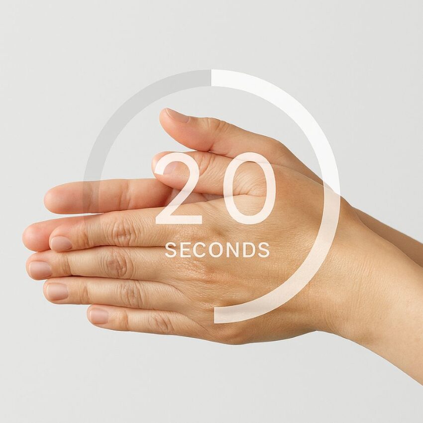 Hand rub with a 20-second timer overlay to show rubbing until completely dry