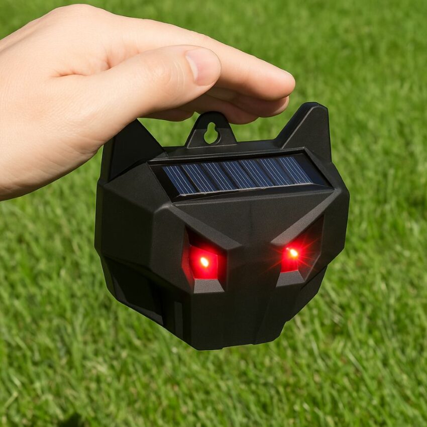 Hand shading a solar panel on a predator light to test the dusk sensor during daytime.