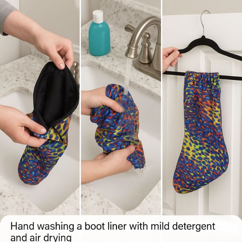 Hand washing a boot liner with mild detergent and air drying.