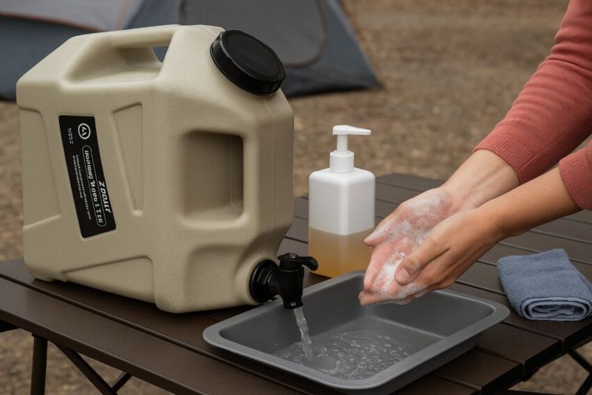 Hand-washing station at camp using a ZORMY jug with spigot, soap, and towel