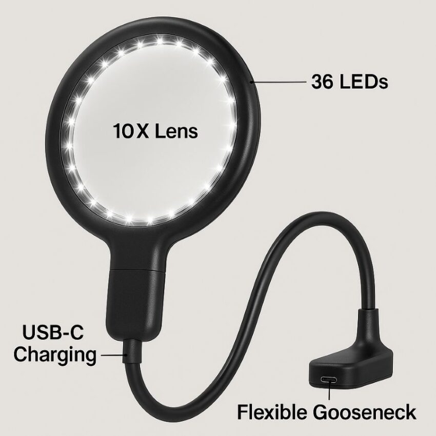 Hands-free 10X magnifier with labeled parts, wide lens, 36-LED ring, USB-C charging, flexible gooseneck.