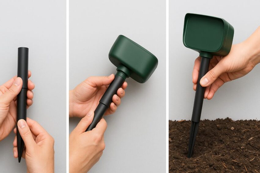 Hands joining stake sections and attaching the repeller head before placing it in the soil.