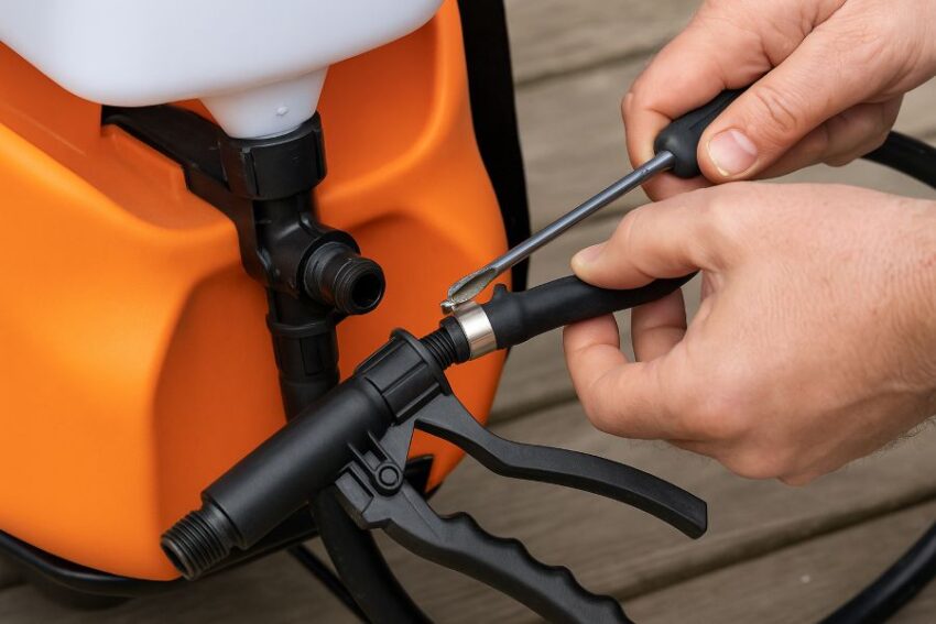 Hands loosening a hose clamp and removing the hose from the shut-off inlet barb on a backpack sprayer